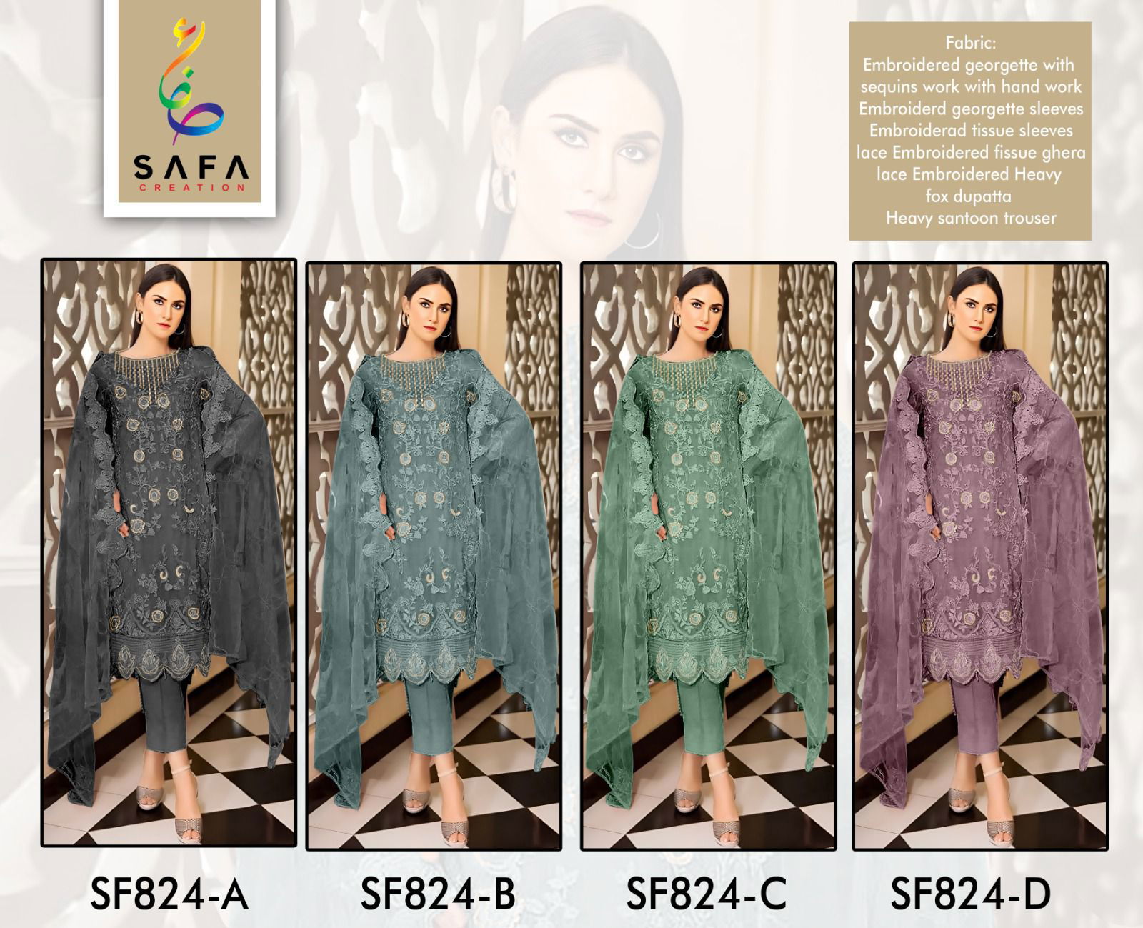 SF PK 824 Safa Embroidery Georgette Pakistani Suits Wholesale Shop In Surat